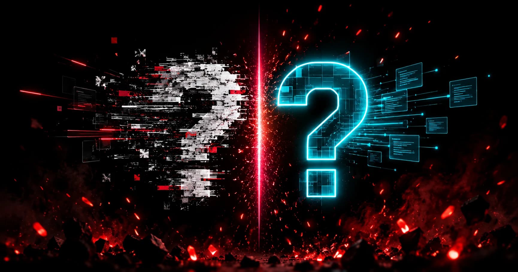 Split illustration: a glitching, fragmented question mark on the left representing unstructured text, next to a clean glowing question mark wired into structured data panels on the right, representing a real heading element