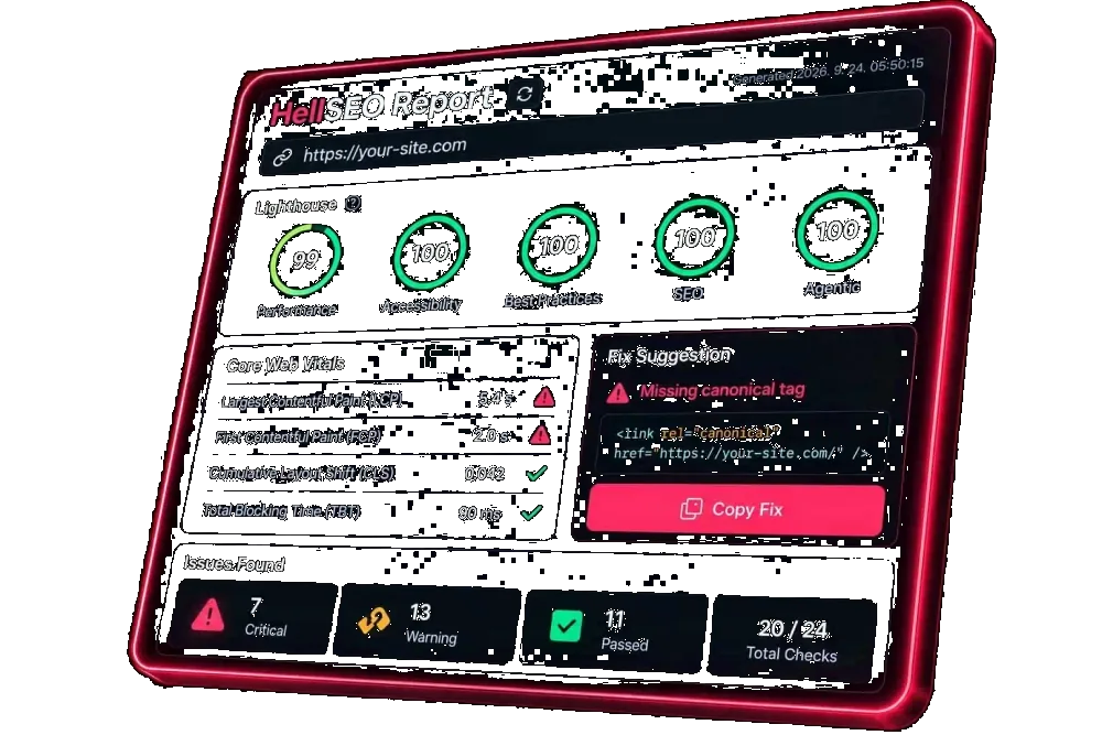 HellSEO Report — Lighthouse scores, Core Web Vitals, and a ready-to-paste fix suggestion